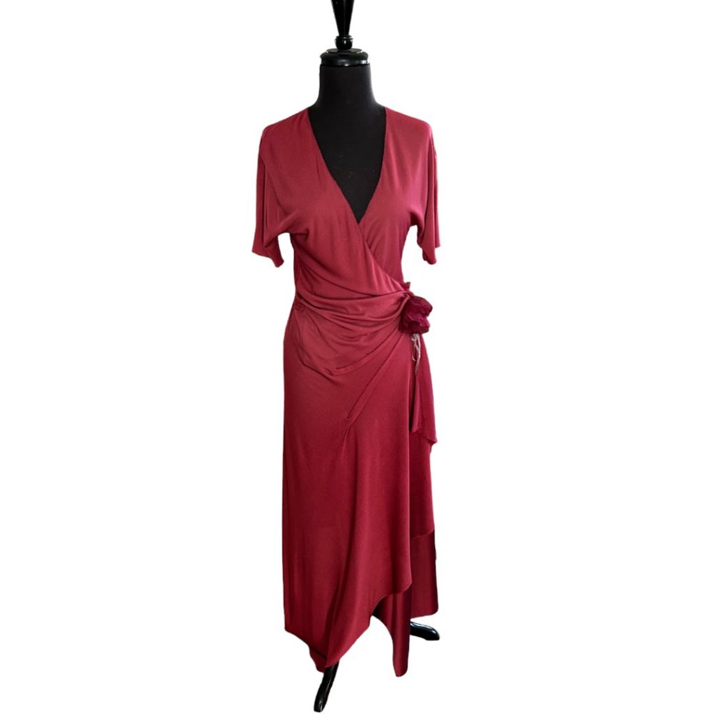 Rozae Nichols Rosy Pink V-Neck Faux wrap Dress with Rose detail Size L